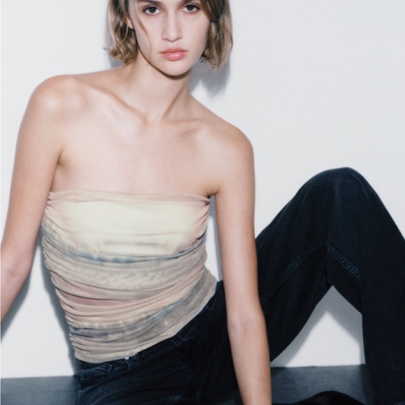 Zara NWT ruched mesh tulle strapless corset tube top- summer tie dye print - Picture 9 of 9